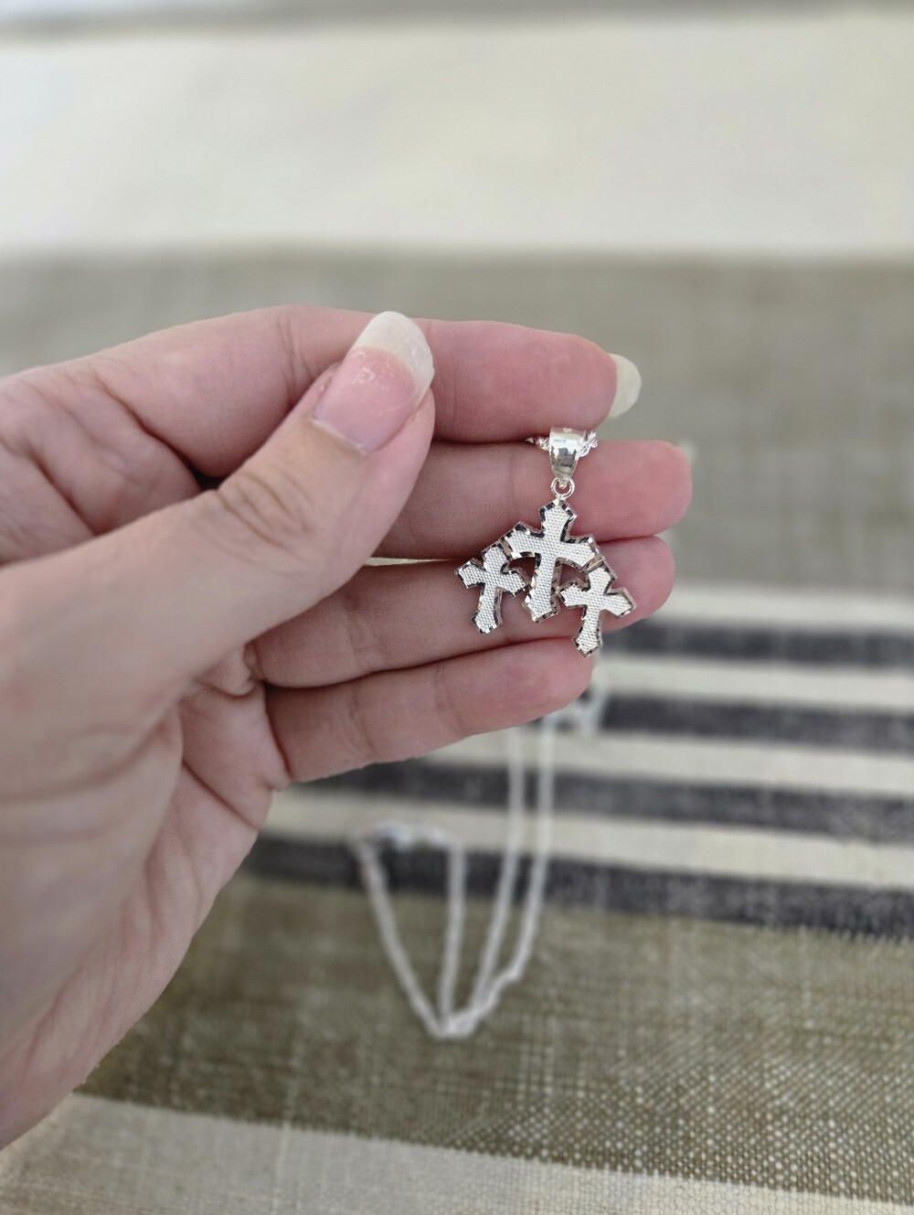 Sterling Silver Triple Cross Pendant Necklace with Matching Ring, Ring Size 10 - Picture 7 of 10